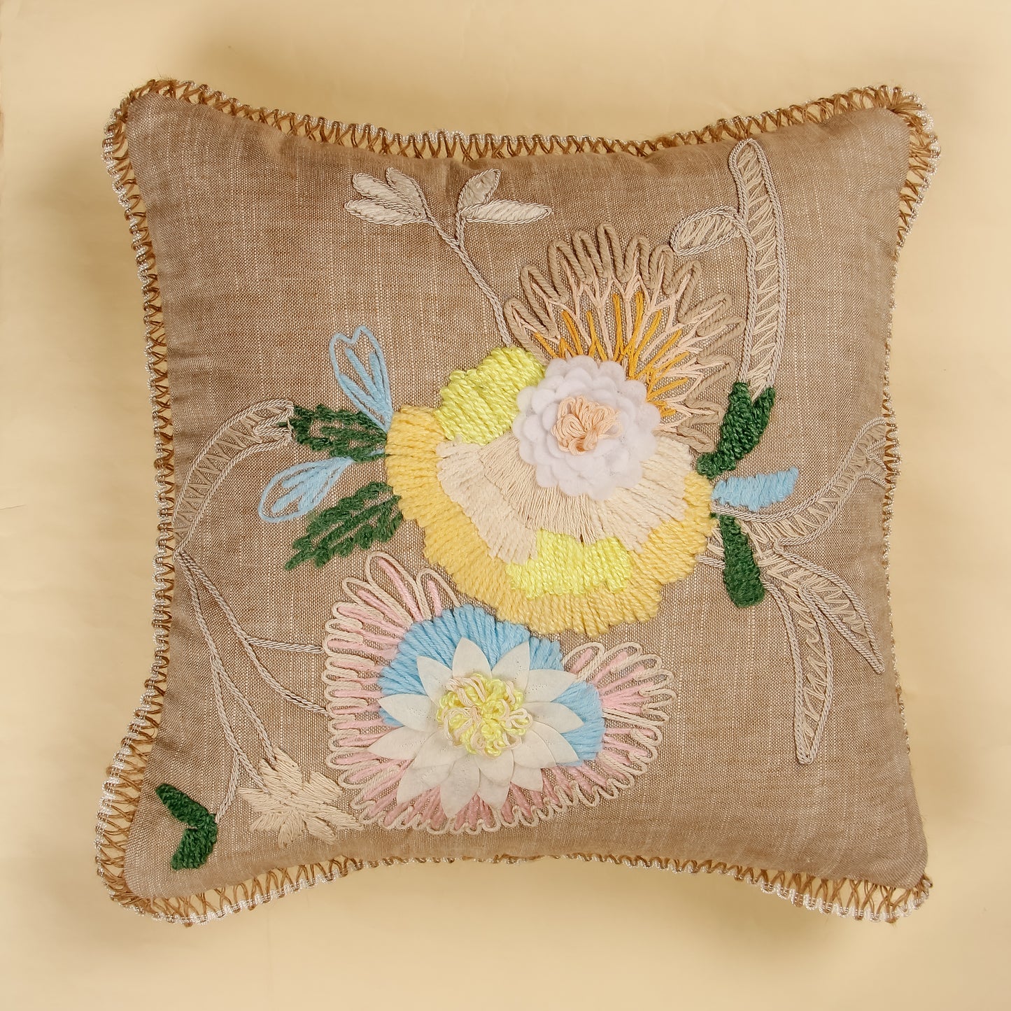 TrueIndia Lite Jute with Multicolor Floral Pattern Cushion Cover without filler | 16” x 16” |