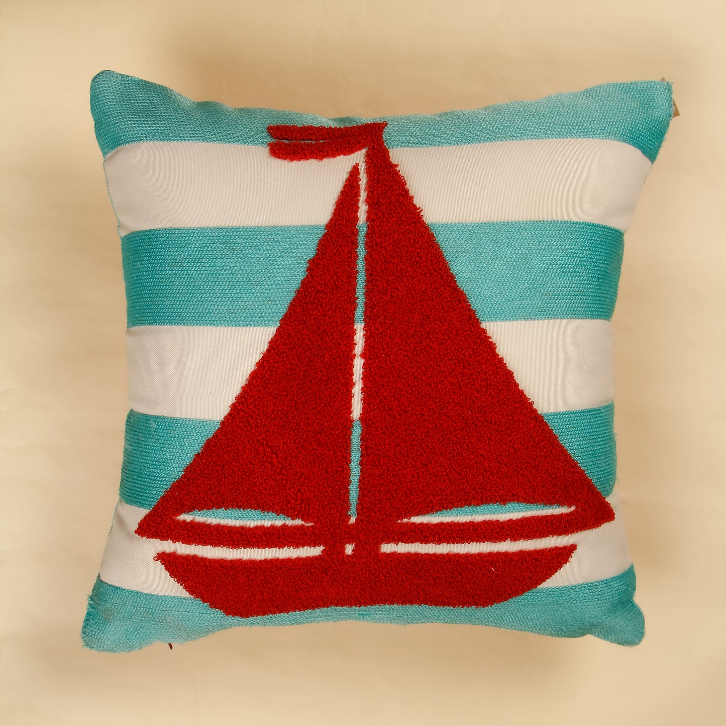 TrueIndia White & Blue Stripes with Red Boat Cushion Cover without Filler | 16”x16” |