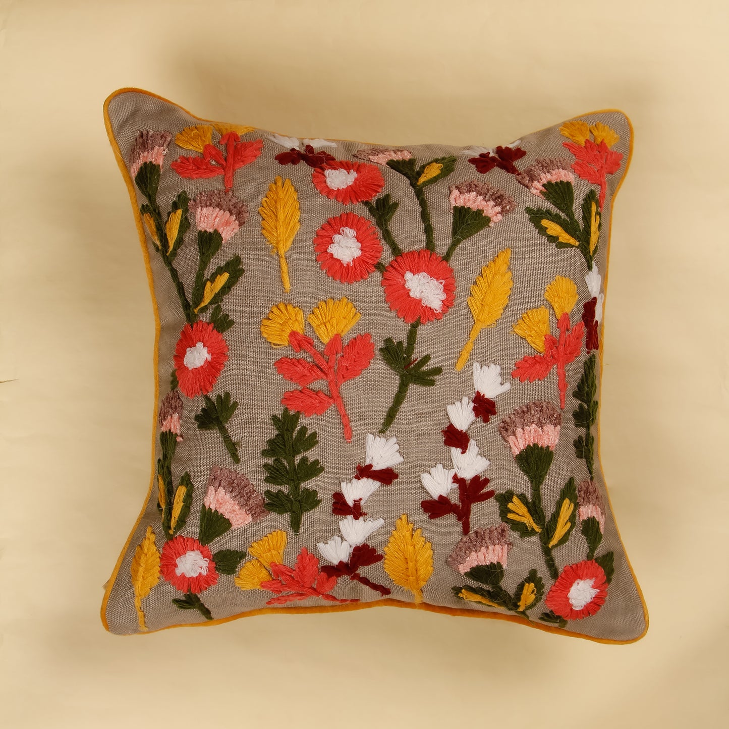 TrueIndia Jute and Multi Color Floral  Pattern Cushion without filler | 16” x 16” |