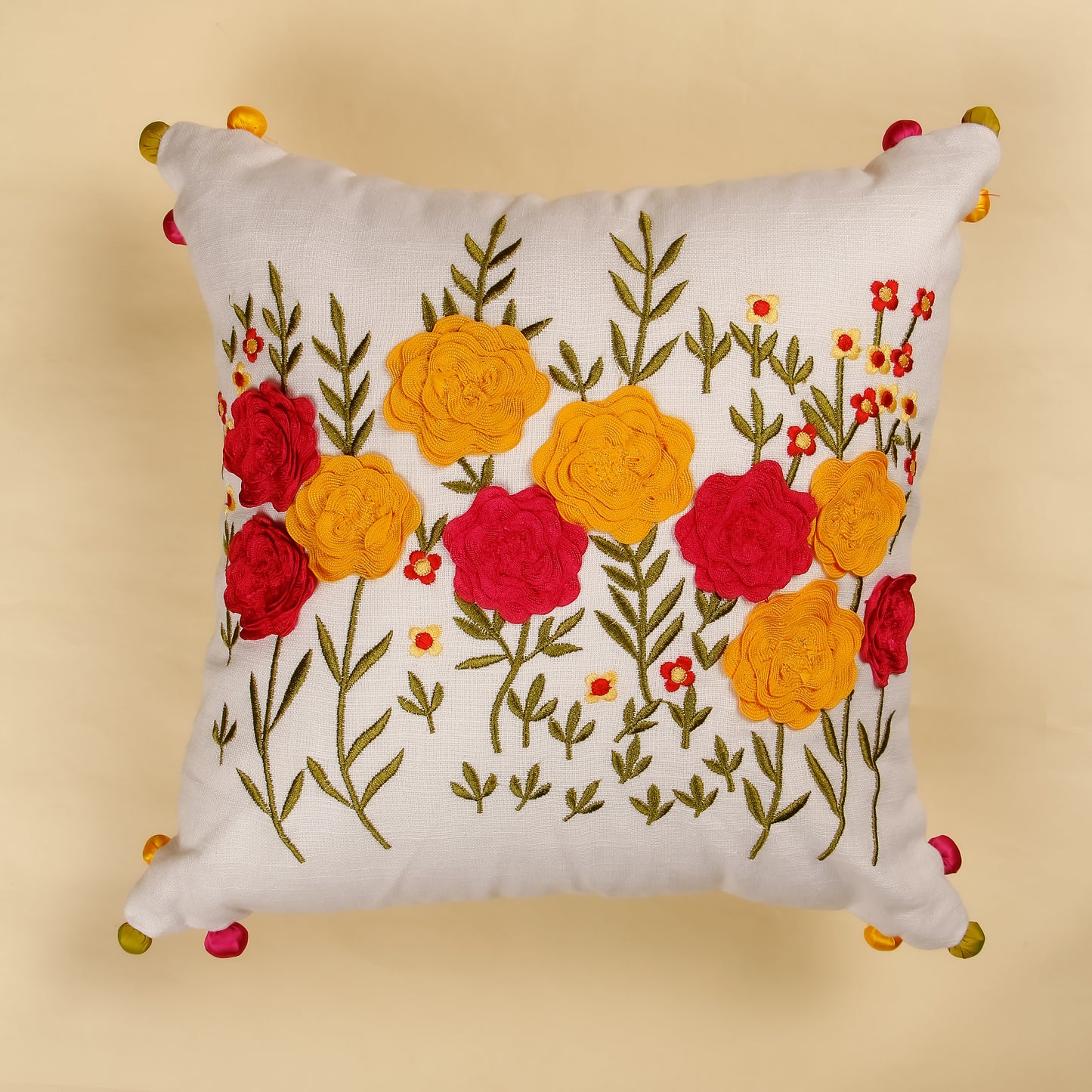 TrueIndia Pink & Yellow Floral Pattern Cushion Cover without filler  |16” x 16”|