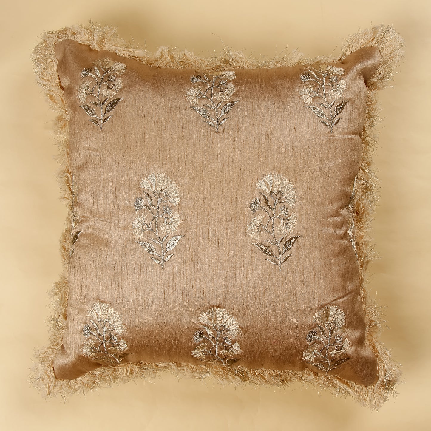 TrueIndia Gold Copper and Golden Floral Pattern Silk Pillow Cover without filler  |16” x 16” |