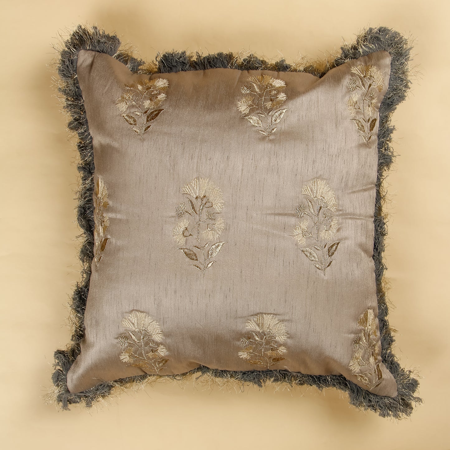 TrueIndia Copper and Golden Floral Pattern Silk Pillow Cover without filler  |16” x 16” |