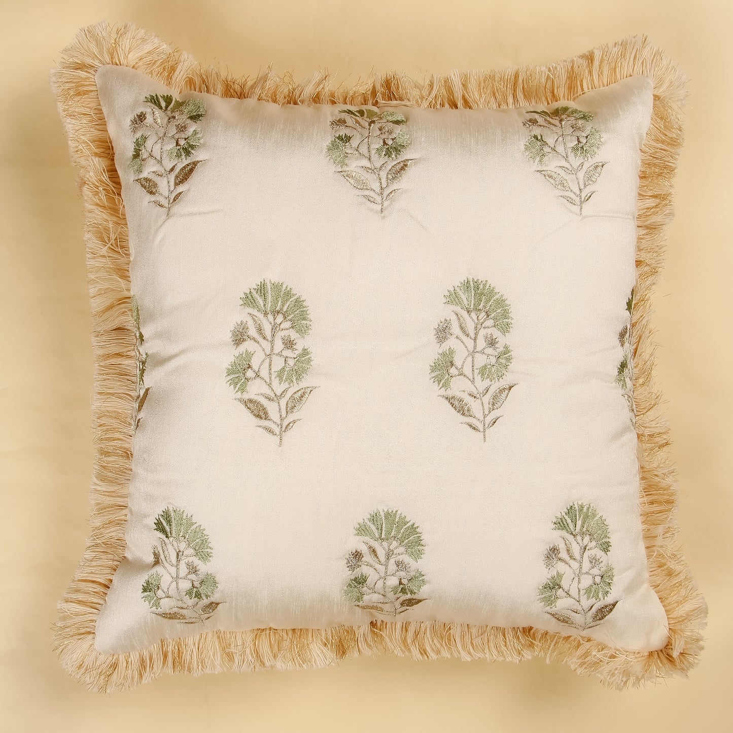 TrueIndia Off-White Beige and Sea Green Floral Pattern Silk Pillow Cover without filler  |16” x 16” |