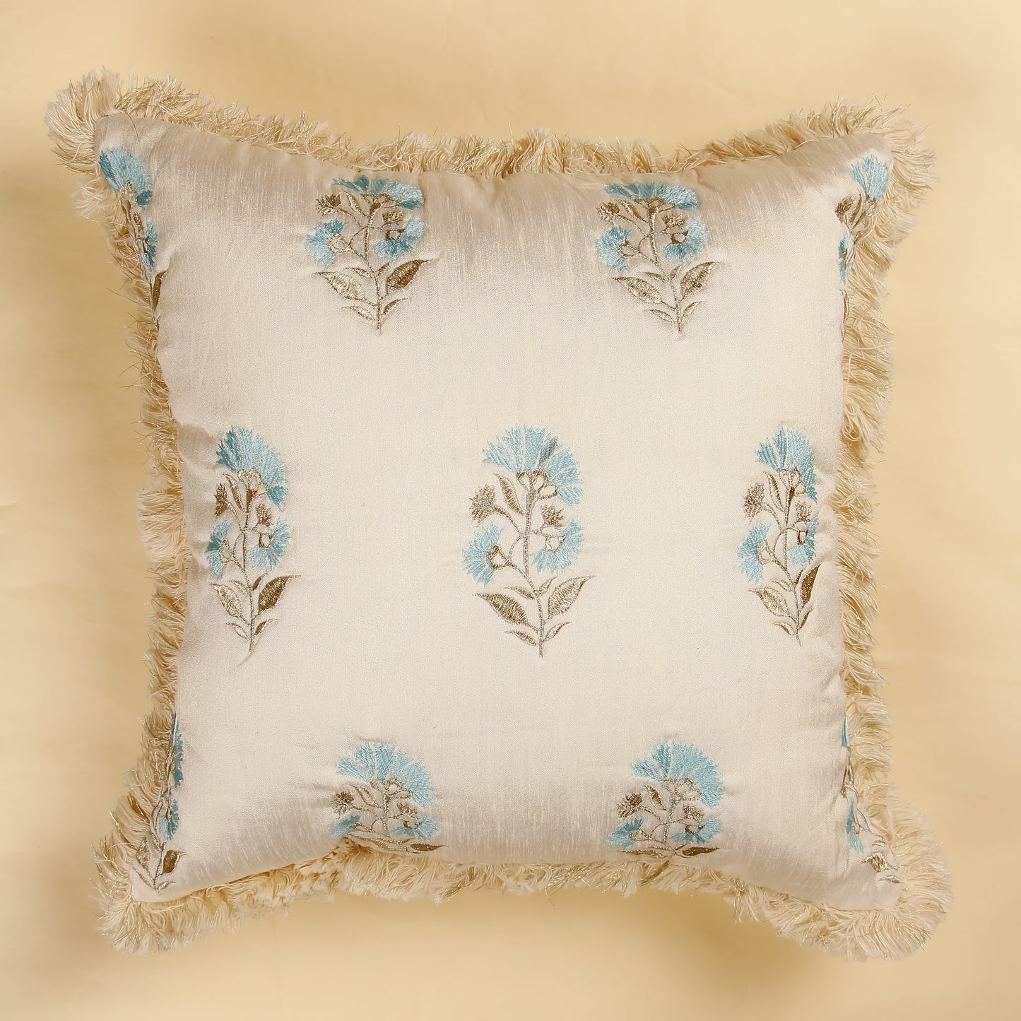 TrueIndia Silk Off-White Beige and Blue Floral Pattern Silk Pillow Cover without filler  |16” x 16” |