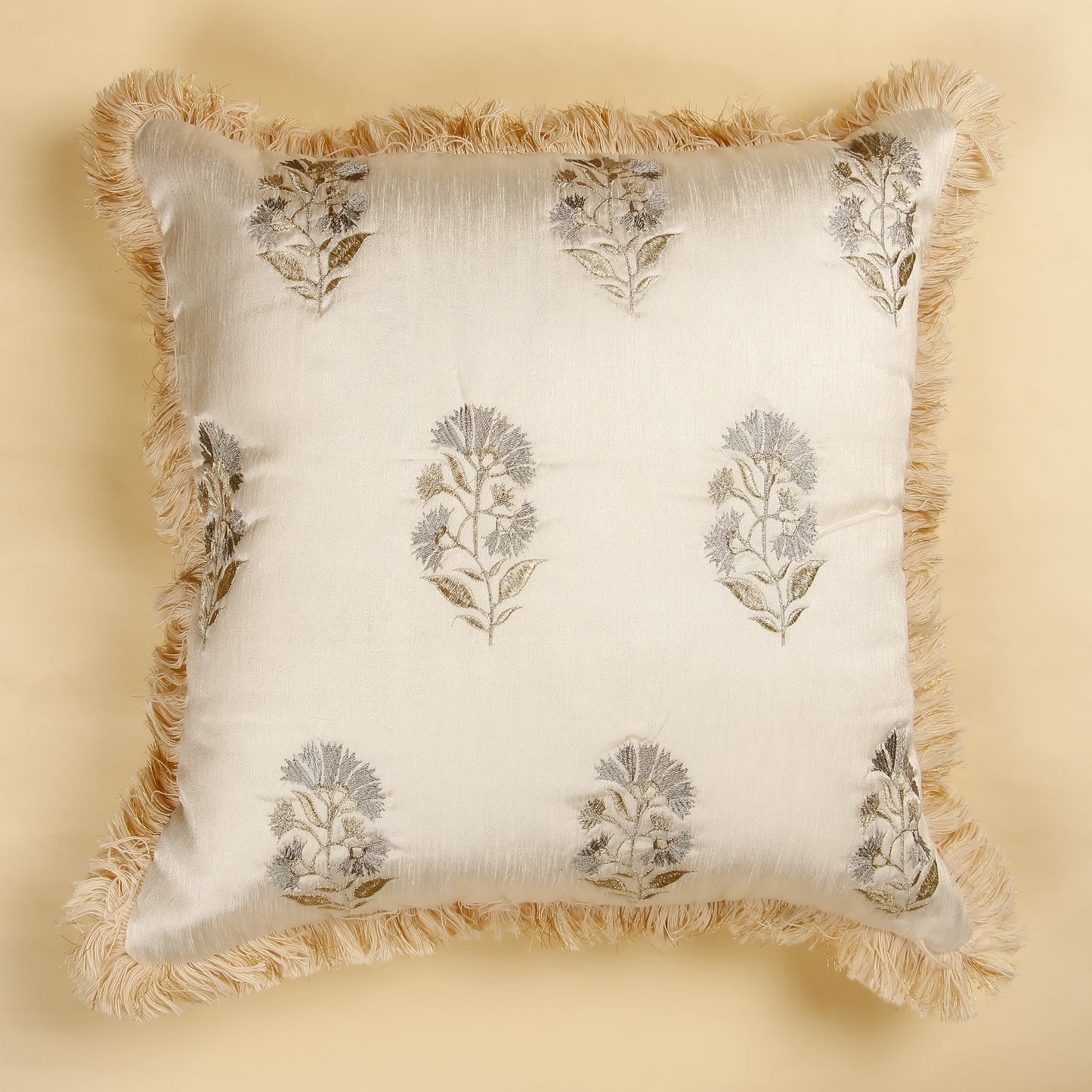TrueIndia Off-White Beige and Silver Floral Pattern Silk Pillow Cover without filler  |16” x 16” |