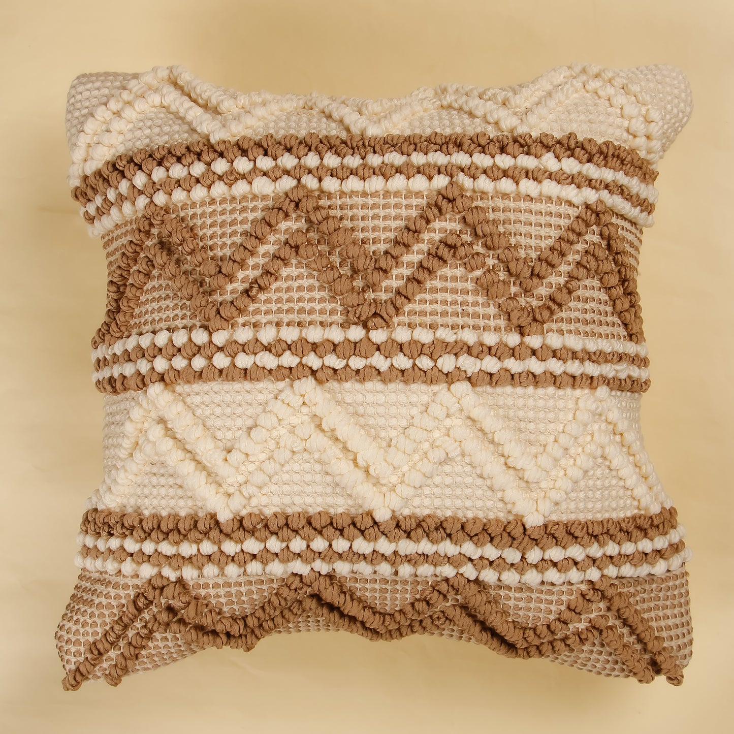 TrueIndia Beige Knotted  Abstract Pattern Cushion without filler | 16” x 16” |