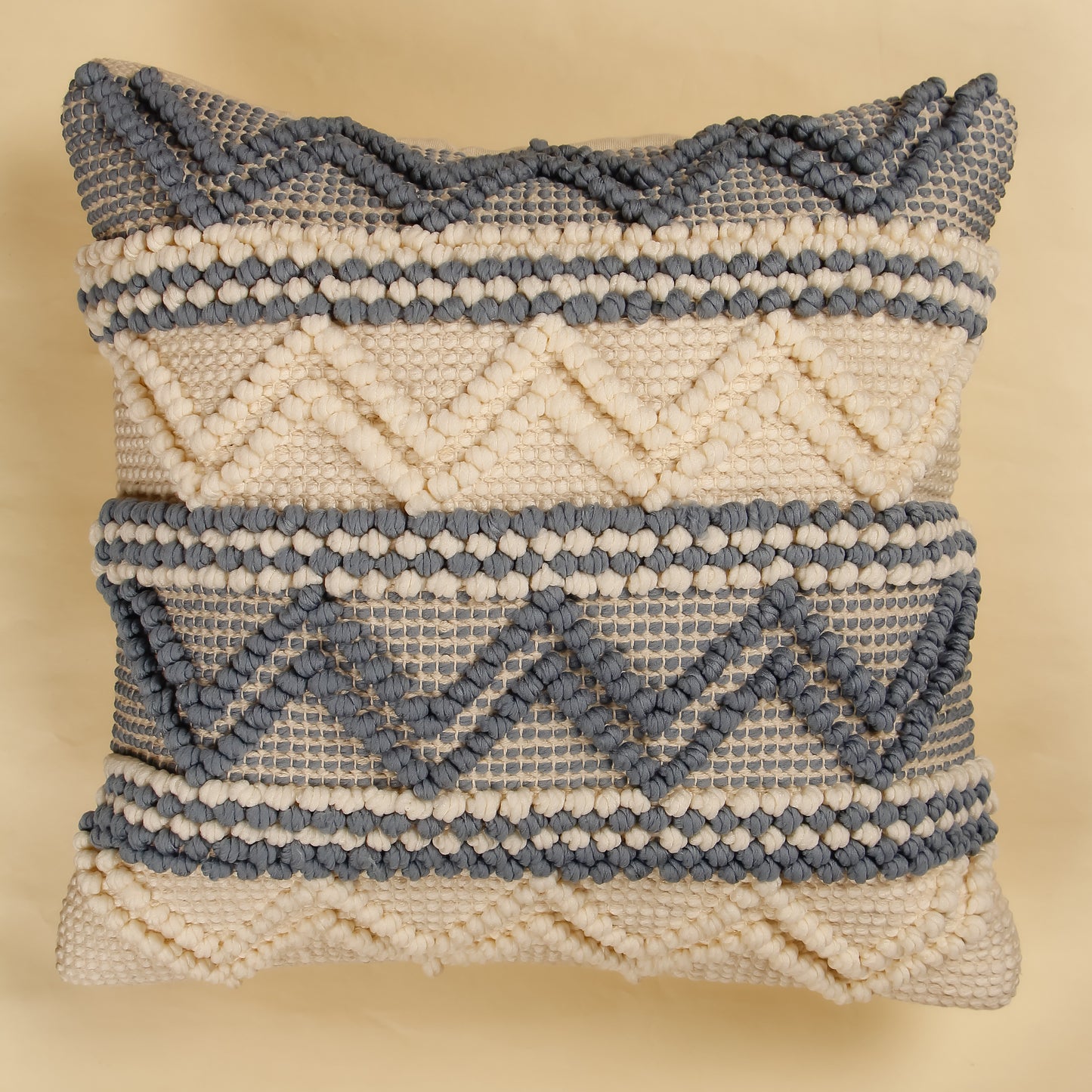 TrueIndia Beige and Blue Knotted  Abstract Pattern Cushion without filler | 16” x 16” |