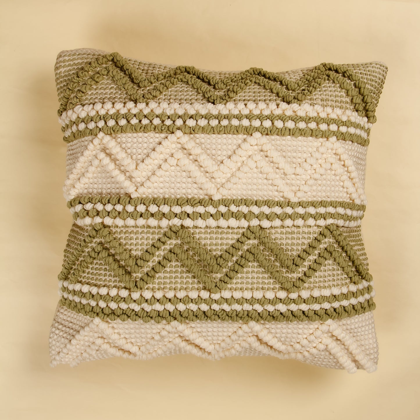 TrueIndia Beige and Sea Green Knotted  Abstract Pattern Cushion without filler | 16” x 16” |