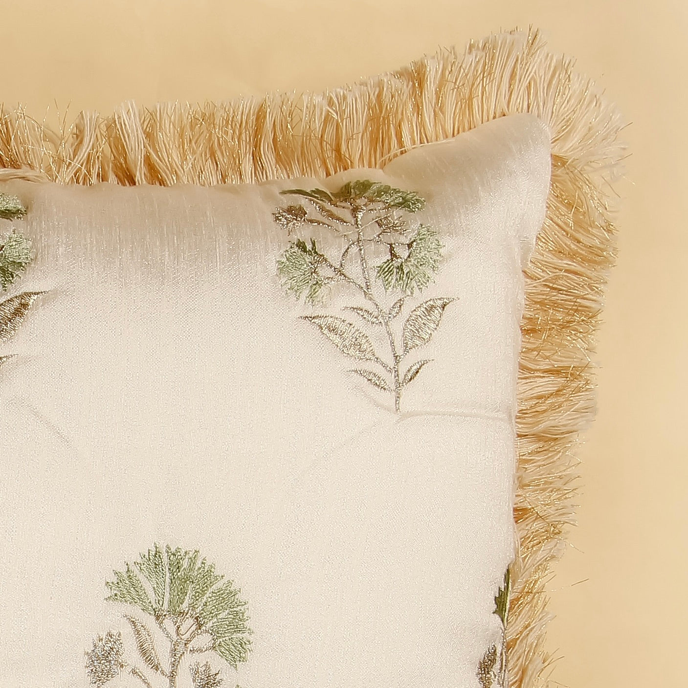 TrueIndia Off-White Beige and Sea Green Floral Pattern Silk Pillow Cover without filler  |16” x 16” |