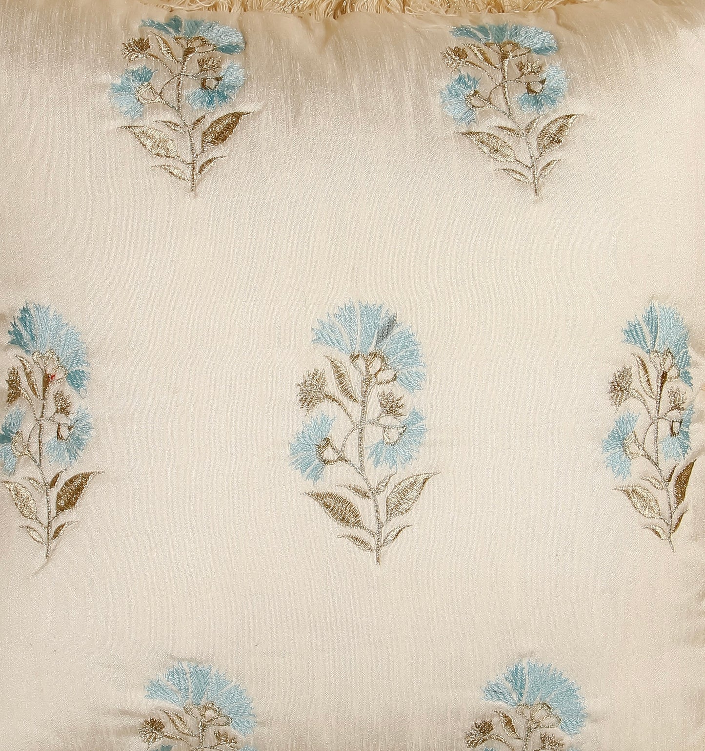 TrueIndia Silk Off-White Beige and Blue Floral Pattern Silk Pillow Cover without filler  |16” x 16” |