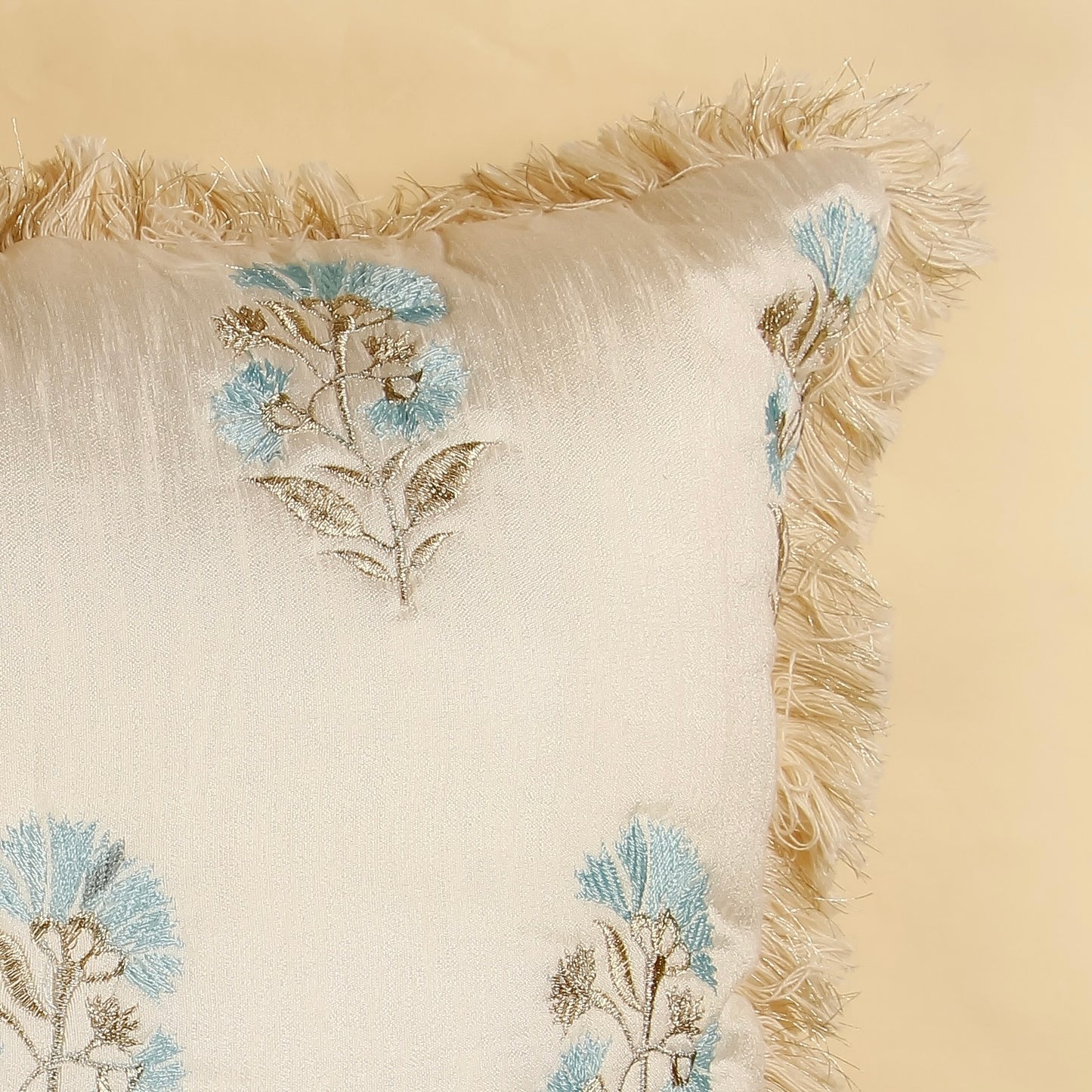 TrueIndia Silk Off-White Beige and Blue Floral Pattern Silk Pillow Cover without filler  |16” x 16” |