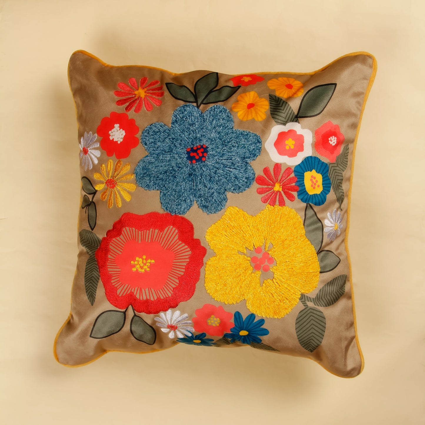 TrueIndia Coffee Brown with Multi-color Floral Pillow Cover without filler  |16” x 16” |