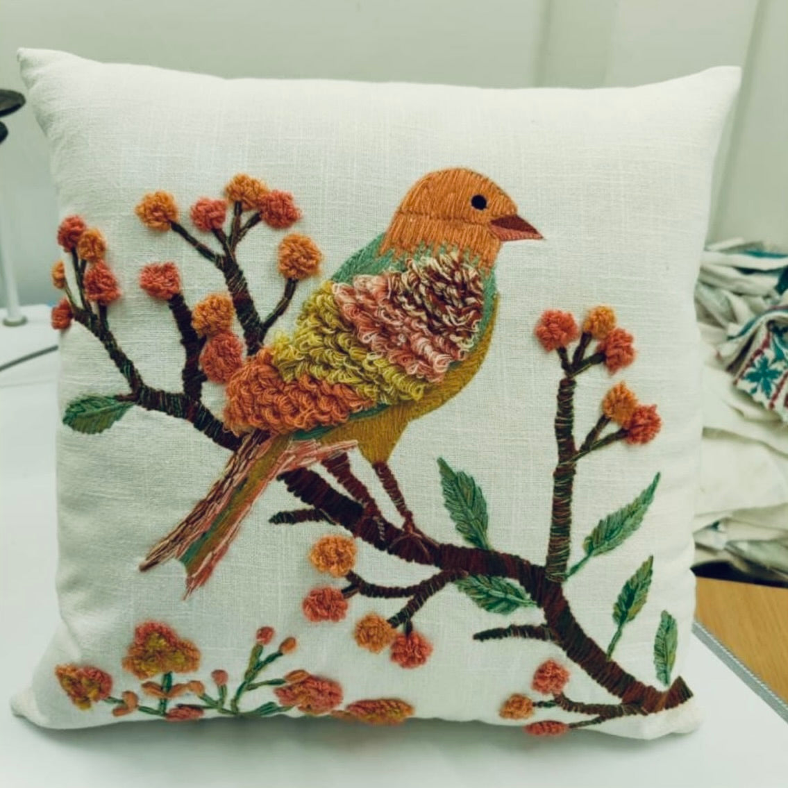 Hand Tufted Embroirdery Cushion Bird Pattern | 16" x 16" |( 40cm x 40cm )