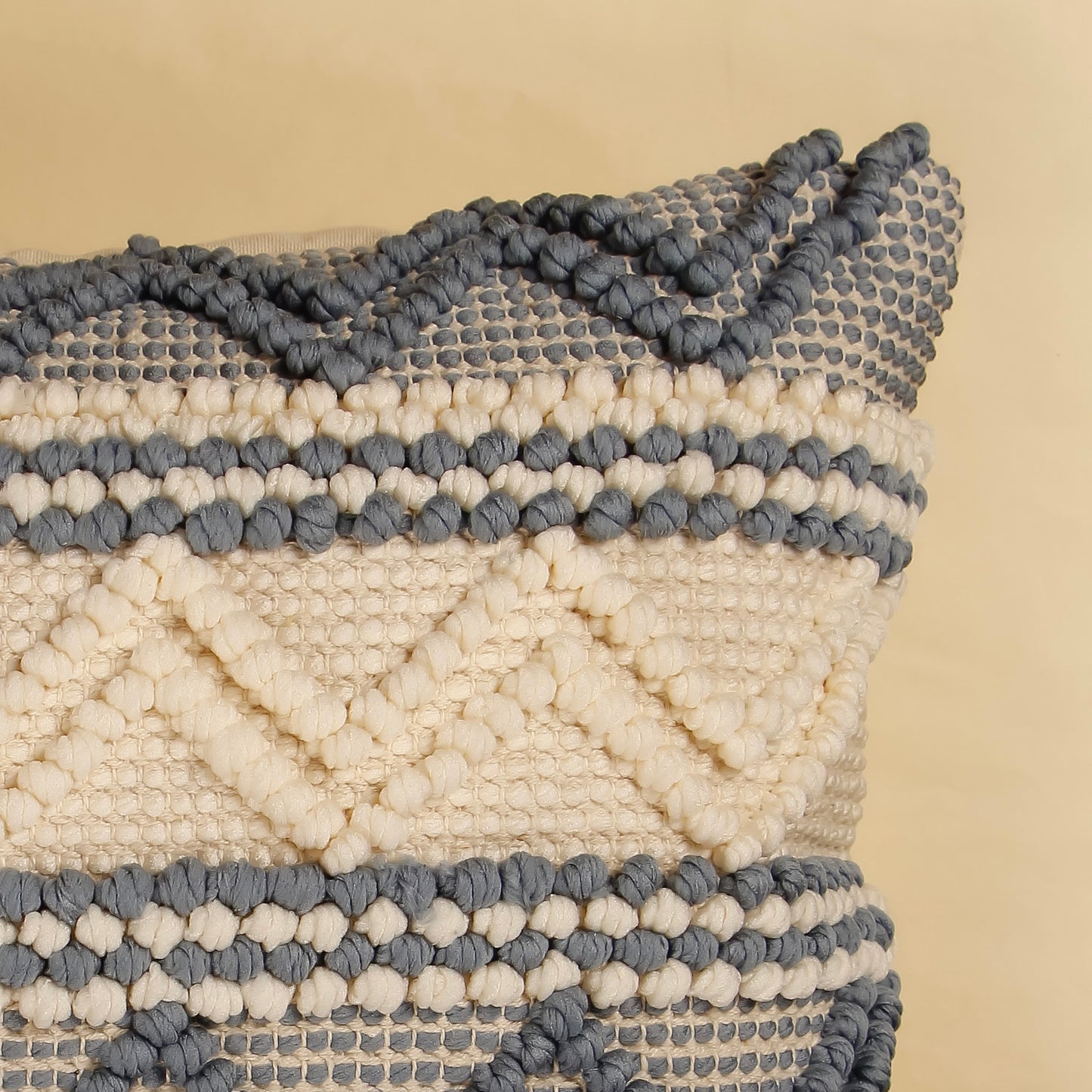 TrueIndia Beige and Blue Knotted  Abstract Pattern Cushion without filler | 16” x 16” |