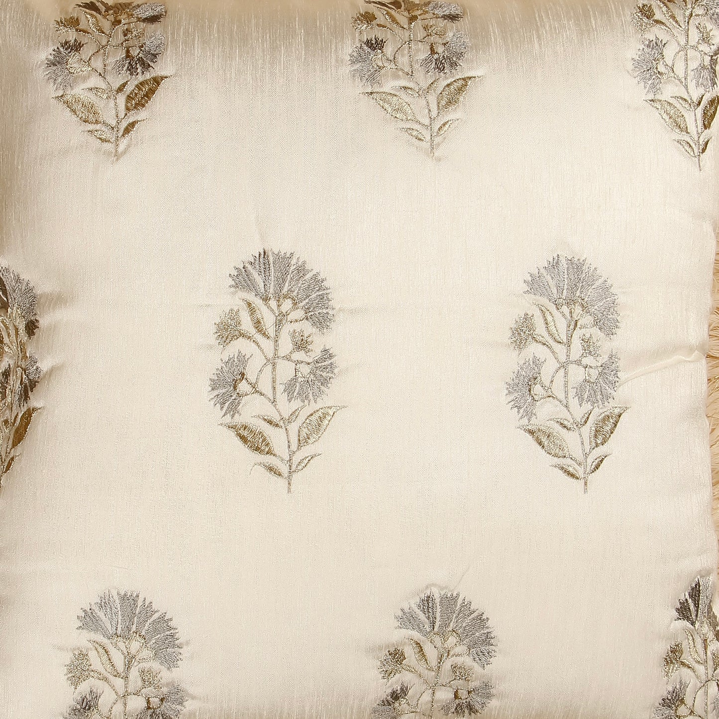 TrueIndia Off-White Beige and Silver Floral Pattern Silk Pillow Cover without filler  |16” x 16” |