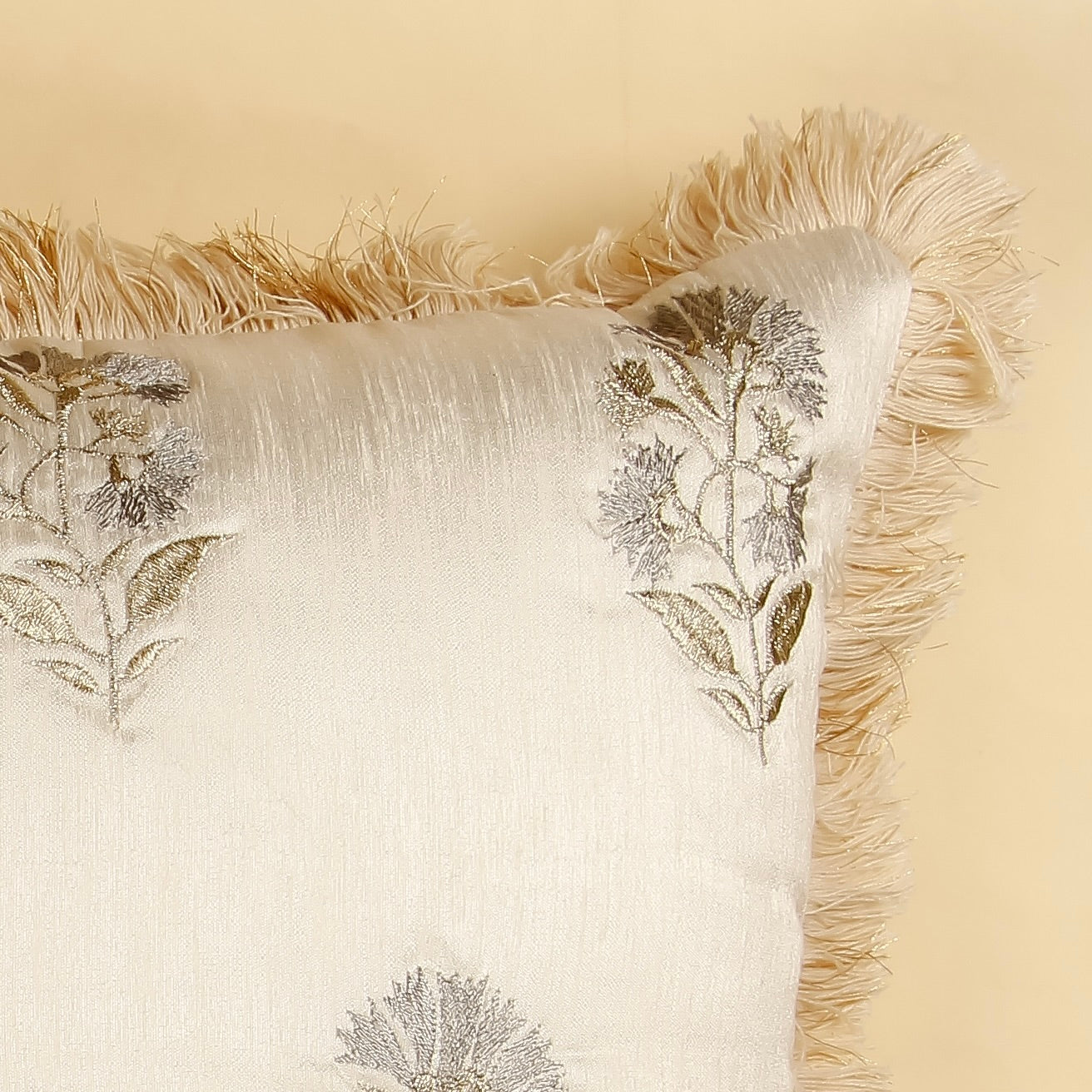 TrueIndia Off-White Beige and Silver Floral Pattern Silk Pillow Cover without filler  |16” x 16” |