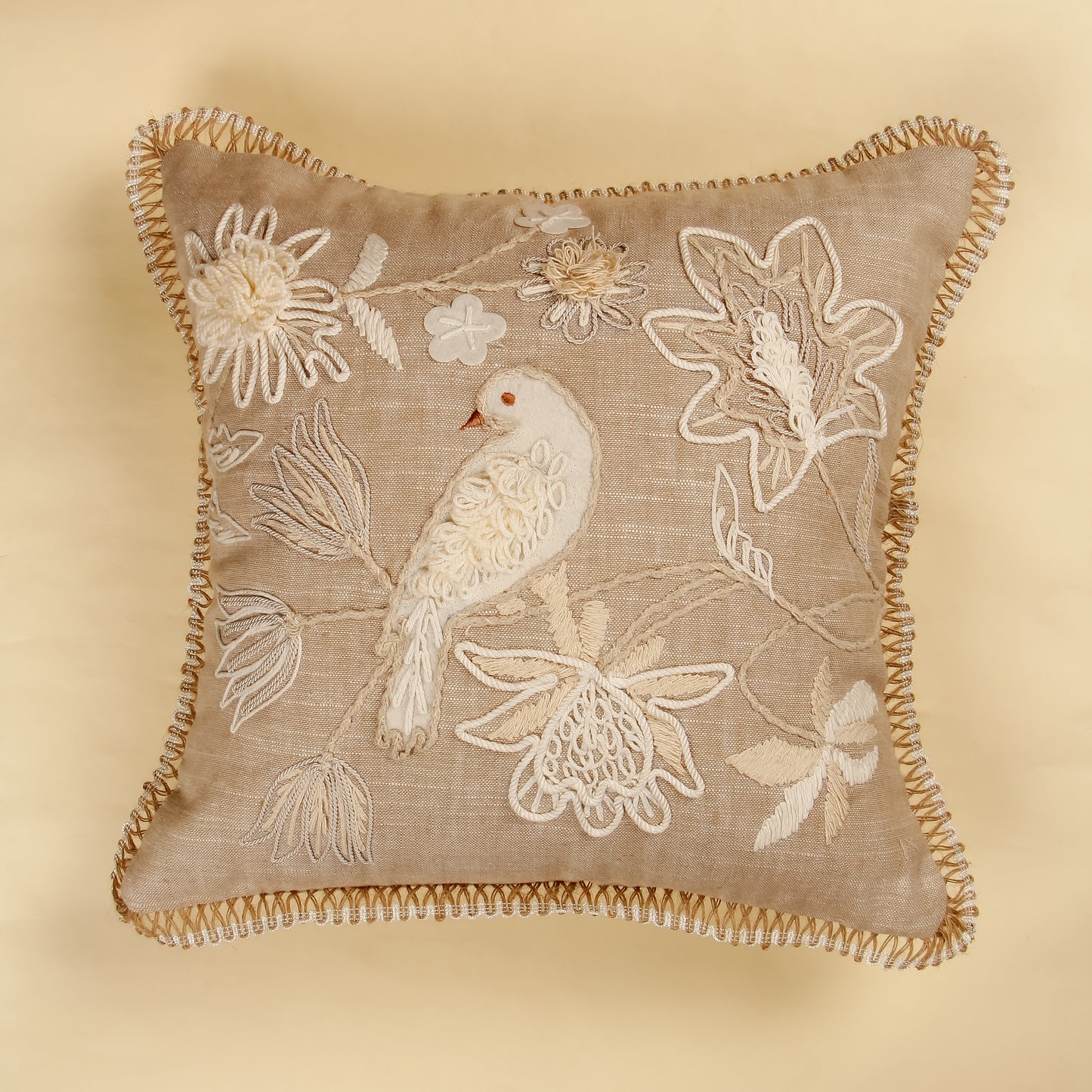 TrueIndia Lite Jute with Beige  Floral Pattern Cushion Cover without filler | 16” x 16” |