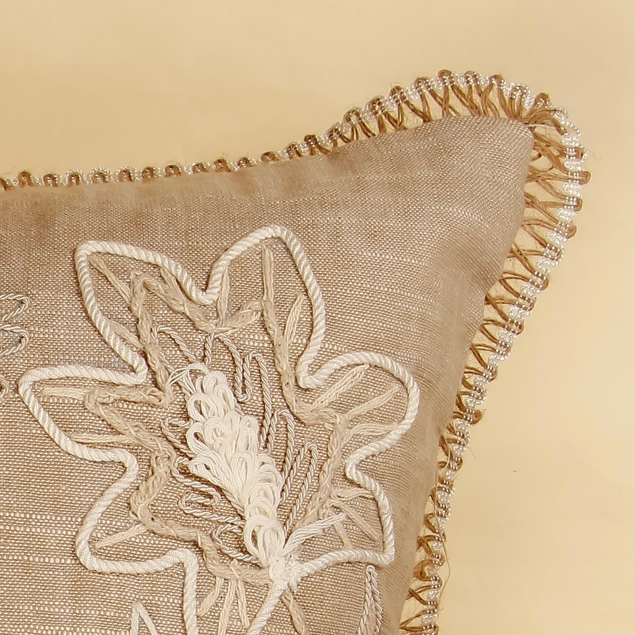 TrueIndia Lite Jute with Beige  Floral Pattern Cushion Cover without filler | 16” x 16” |