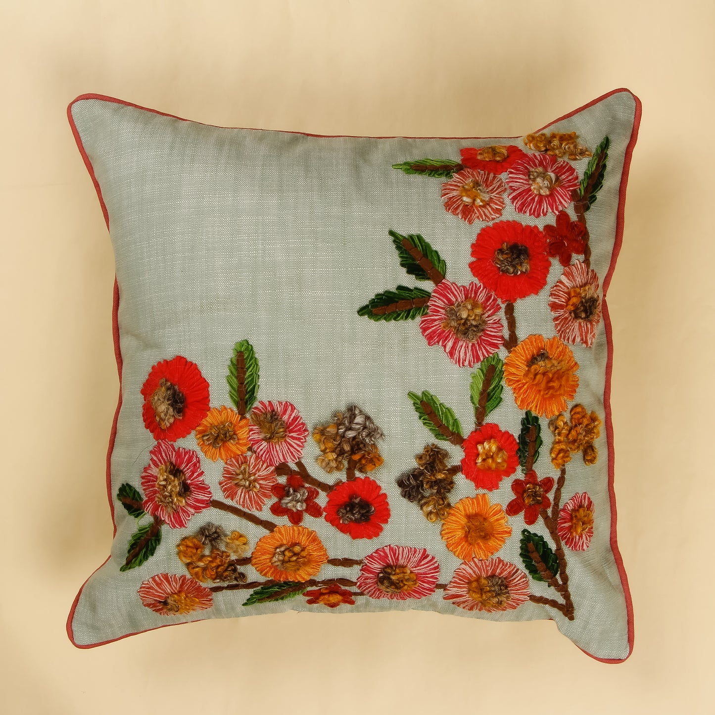 TrueIndia Jute with Multicolor Floral Pattern Cushion Cover without filler | 16” x 16” |