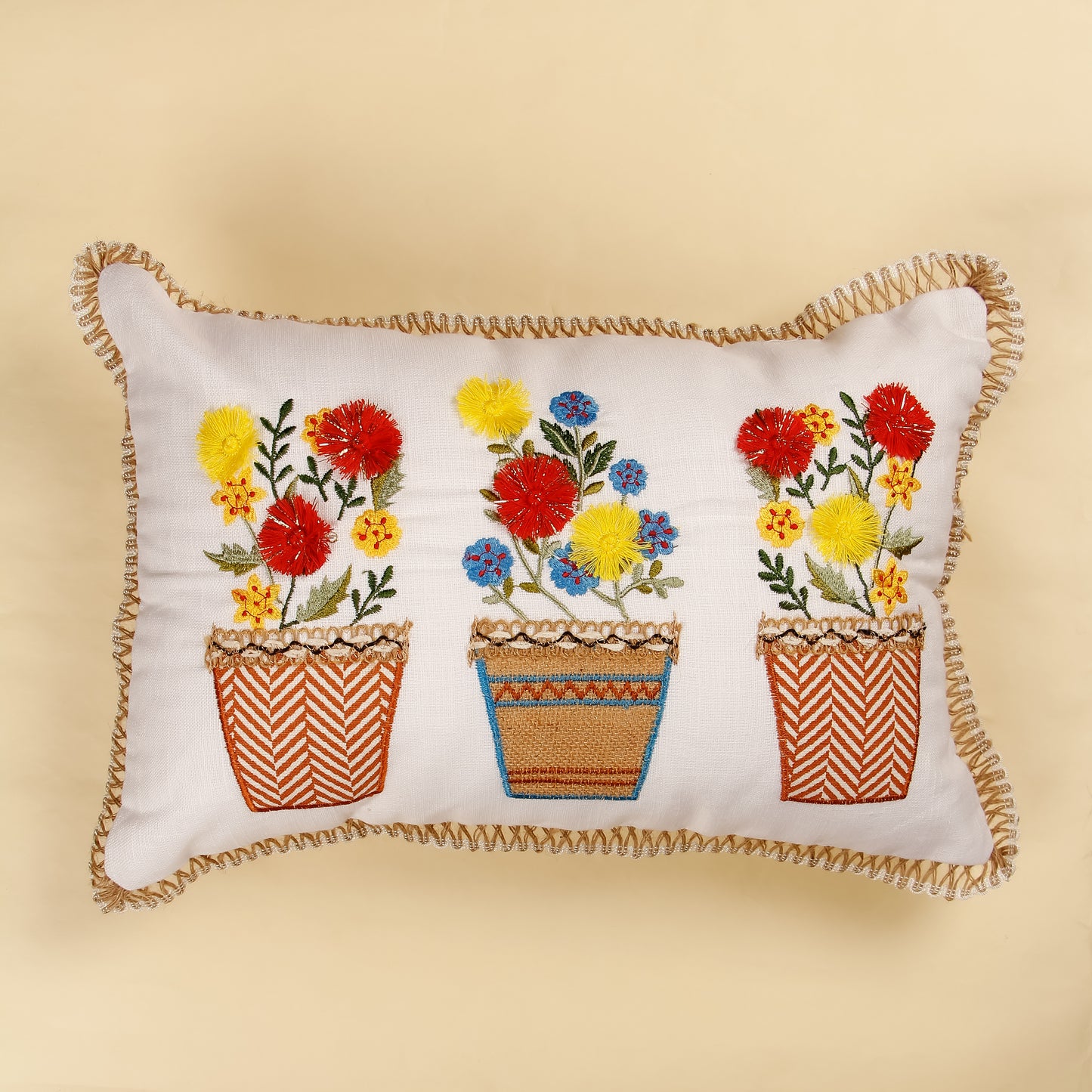TrueIndia White Plants and Floral Pattern Cushion Cover without fillers | 12” x 18” |