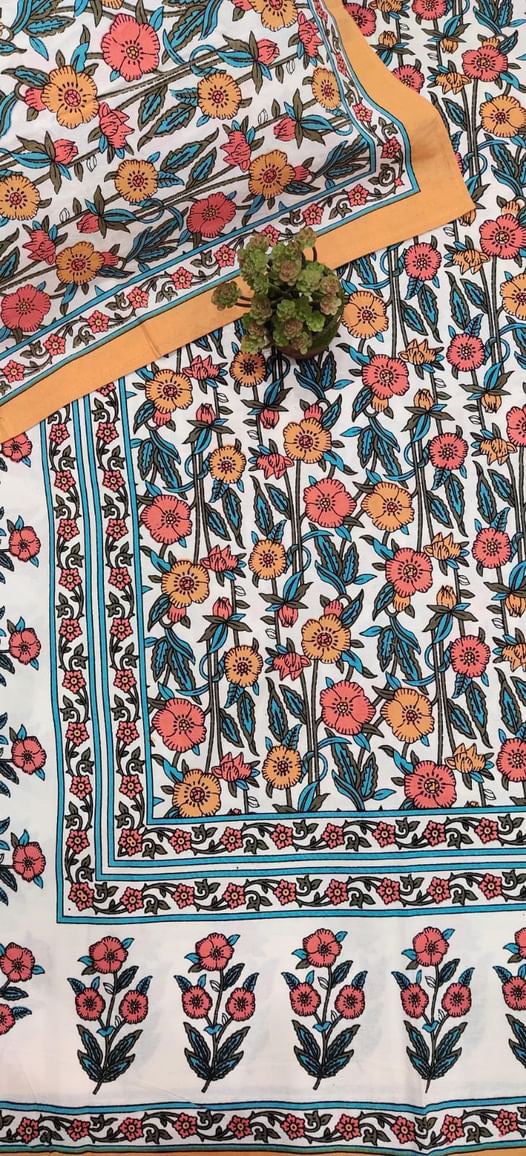 TrueIndia White and Multicolor Floral Jaipuri Cotton Bedsheet | 210 TC |