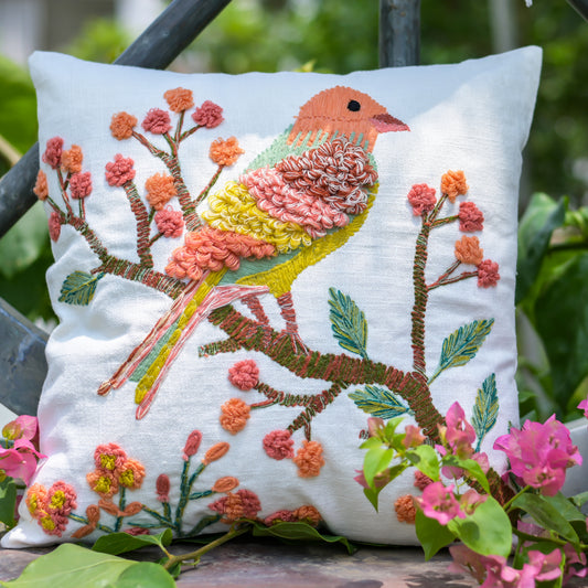 Hand Tufted Embroirdery Cushion Bird Pattern | 16" x 16" |( 40cm x 40cm )