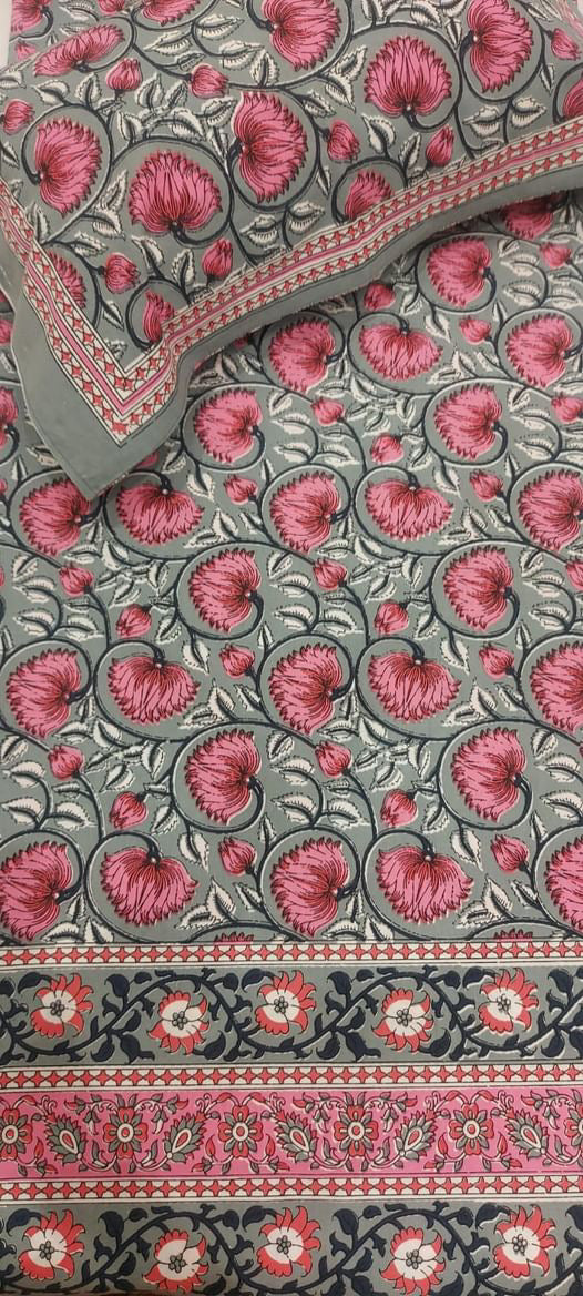 TrueIndia Sea Green and Pink Floral Pattern Jaipuri Cotton Bedsheet | 210 TC |