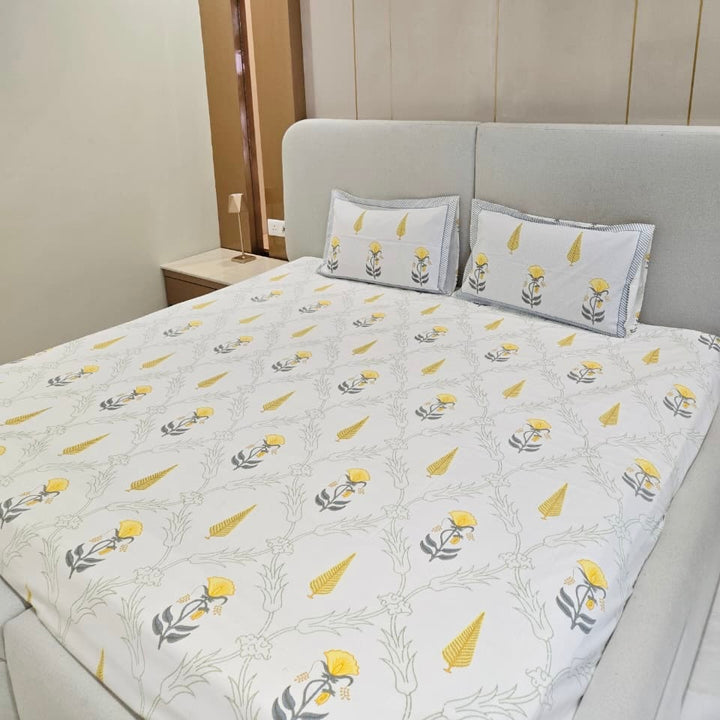 Ivory Bloom Cotton Bedsheet- Yellow