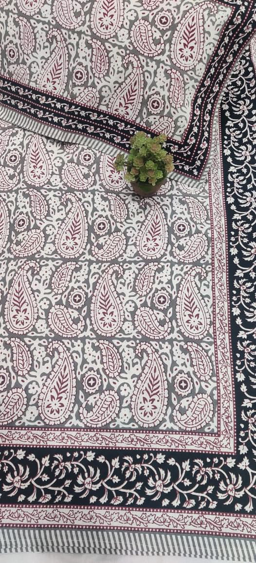 TrueIndia Light Pink Abstract with Black Embroidery Border Jaipuri Cotton Bedsheet | 210 TC |