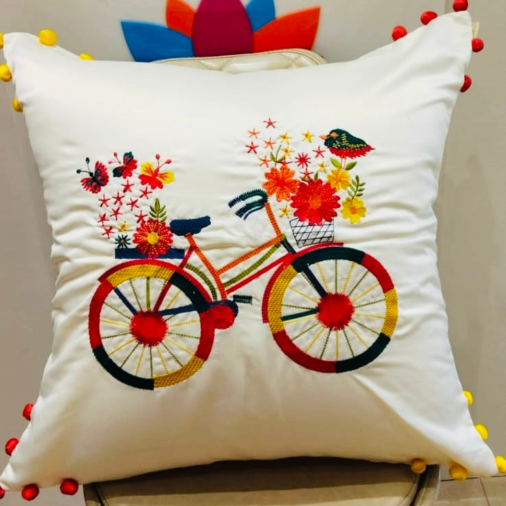 TrueIndia Off-white with bicycle Pattern Cushion Cover without fillers | 16” x 16” |