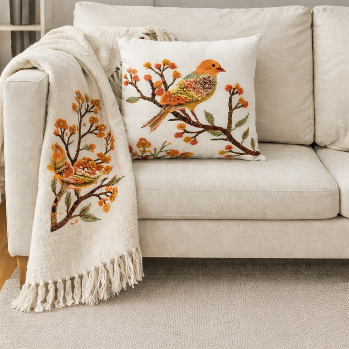 Hand Tufted Embroirdery Cushion Bird Pattern | 16" x 16" |( 40cm x 40cm )