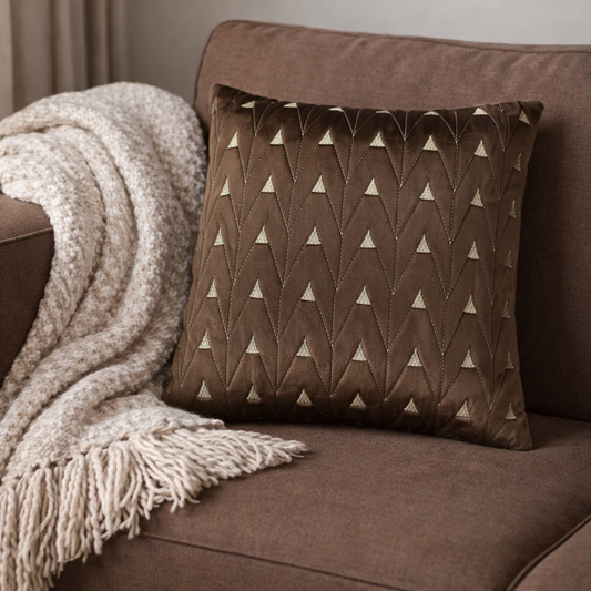 Velvet with Zari Thread Quilting Brown Cushion Cover | 16 x 16 | (40cm x 40cm)