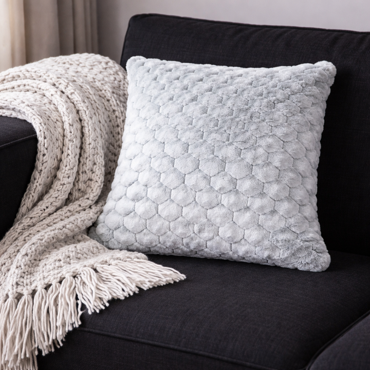 Dual Tone White and Ash grey Imported Rabbit Fur Fabric Cushion Cover | 16 x 16 | (40cm x 40cm)