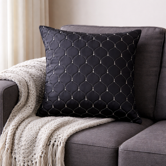 Stone Grey Color Zari Thread Quilted Cushion Cover | 16 x 16 | (40cmx 40cm)
